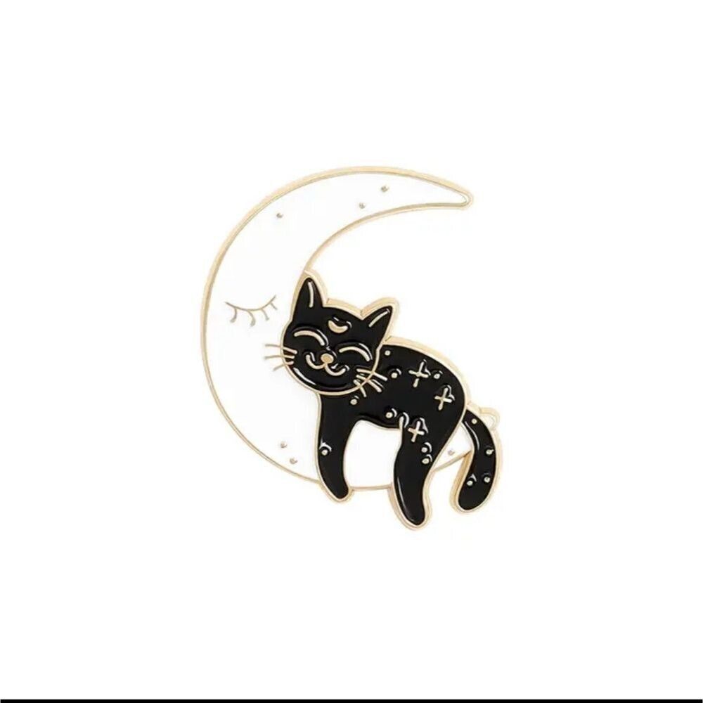 BLACK cat sleeping on crescent moon enamel pin brooche